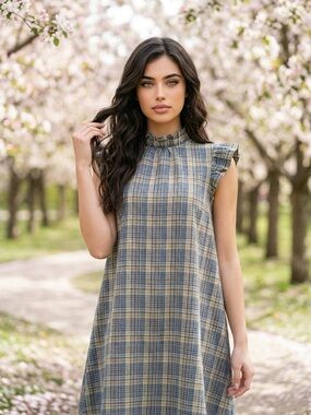 VOY Plaid flutter sleeve back tie flannel shift dress NWOT size small
